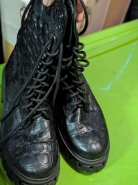 koi Black Croc-Embossed Lace-Up Combat Boots